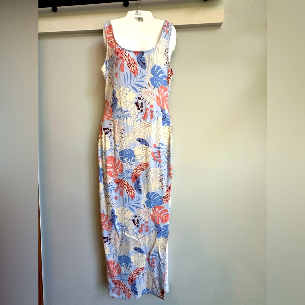 Haute Monde leaf print side slit maxi dress size Large resort wear